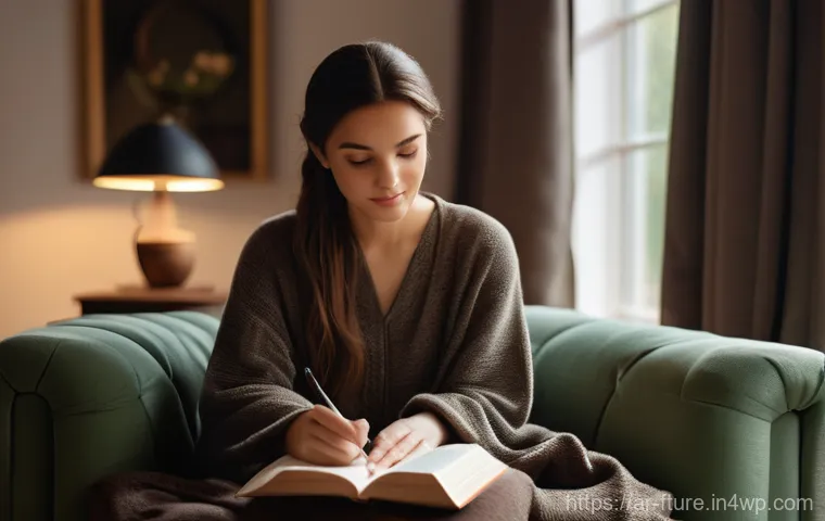 불안 완화를 위한 심리적 기법 모음 - **Prompt:** A realistic photo of a serene young woman, in her late 20s or early 30s, sitting comfort...