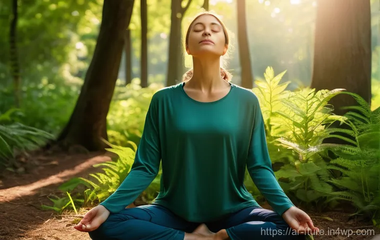 불안 완화를 위한 심리적 기법 모음 - **Prompt:** A realistic photo of a serene young woman, in her late 20s or early 30s, sitting comfort...