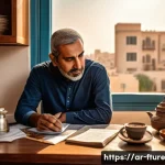 Home 21 미래에 대한 불안의 뿌리 찾기 - A middle-aged Arab man sitting at a modest kitchen table, surrounded by bills and a smartphone displ...