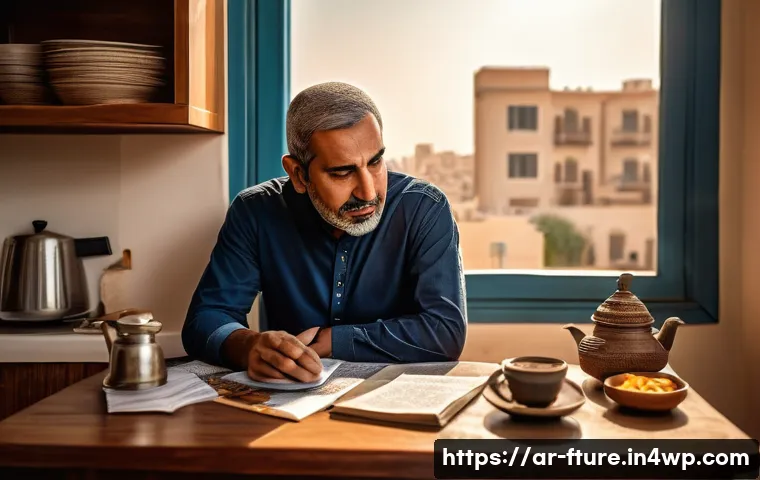 미래에 대한 불안의 뿌리 찾기 - A middle-aged Arab man sitting at a modest kitchen table, surrounded by bills and a smartphone displ...