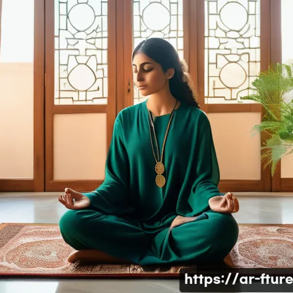 심리적 안정을 위한 호흡법 - A serene Middle Eastern woman in modest, loose-fitting clothing practicing deep breathing meditation...