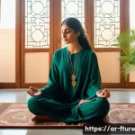 Home 19 심리적 안정을 위한 호흡법 - A serene Middle Eastern woman in modest, loose-fitting clothing practicing deep breathing meditation...