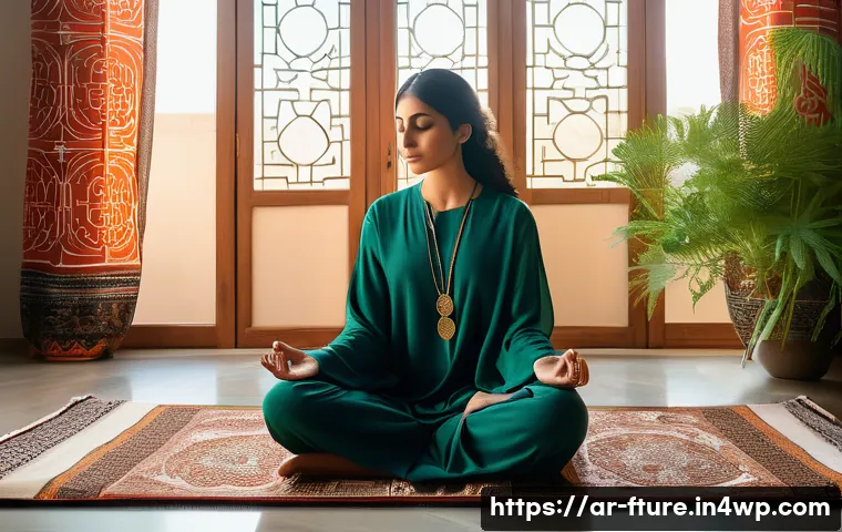 심리적 안정을 위한 호흡법 - A serene Middle Eastern woman in modest, loose-fitting clothing practicing deep breathing meditation...