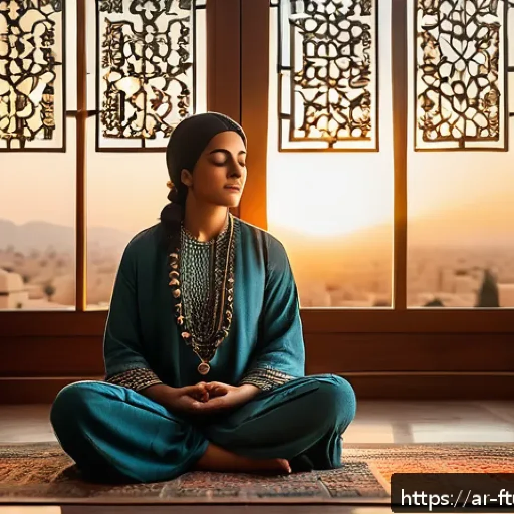 불확실한 환경에서의 심리적 회복 - A serene indoor scene featuring a thoughtful Middle Eastern woman practicing mindful meditation in a...