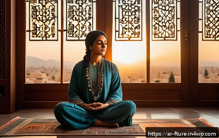 불확실한 환경에서의 심리적 회복 - A serene indoor scene featuring a thoughtful Middle Eastern woman practicing mindful meditation in a...