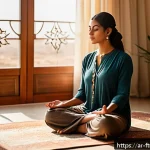 Home 23 미래 불확실성을 이해하는 심리적 기술 - A peaceful, sunlit room with an Arab woman in modest, comfortable clothing sitting cross-legged on a...