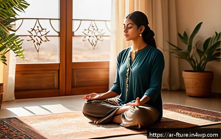 미래 불확실성을 이해하는 심리적 기술 - A peaceful, sunlit room with an Arab woman in modest, comfortable clothing sitting cross-legged on a...