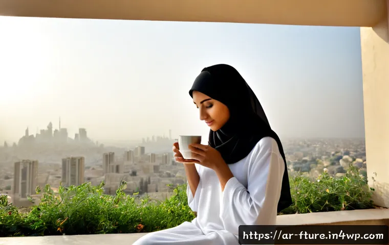 마음 챙김이 미래 불확실성에 미치는 영향 - Photorealistic Arab woman in modest neutral clothing and a light headscarf sitting peacefully on a s...